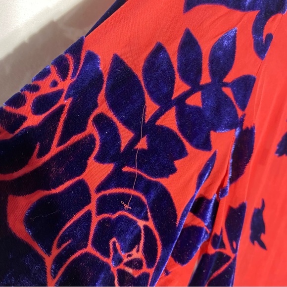 Vintage Hale Bob Semi Sheer Red and Navy Blue Beaded Velvet Silk Boho Blouse S - Picture 11 of 16